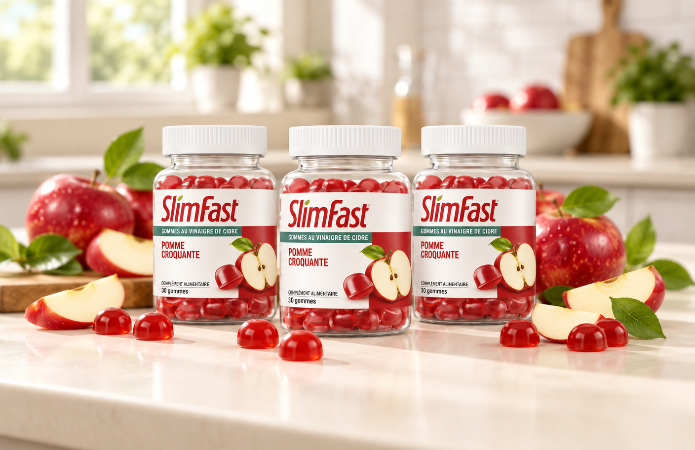 Trois pots de gummies SlimFast au vinaigre de cidre Pomme Croquante entourés de pommes rouges