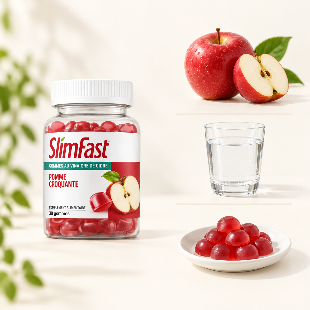 Visualisation du fonctionnement : une gummie SlimFast, une pomme fraîche et un verre d'eau