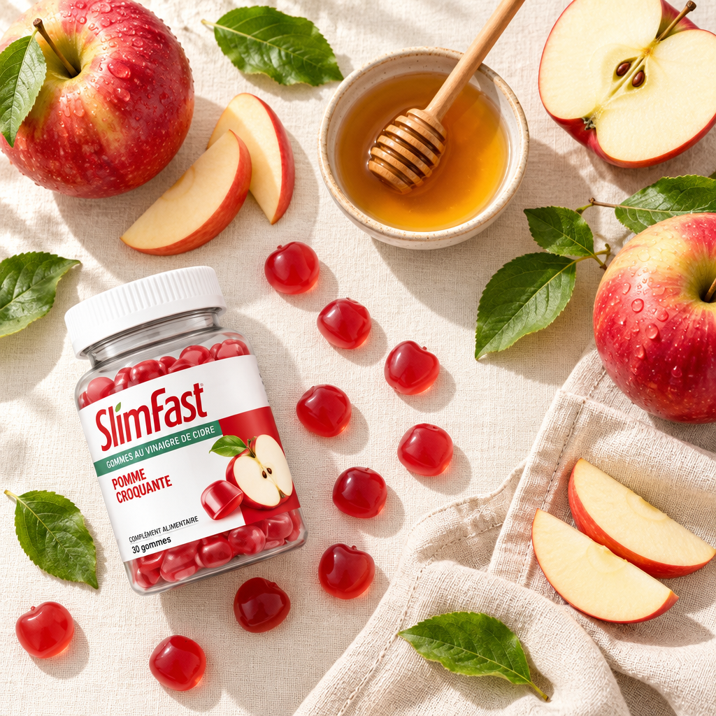 Flat lay des ingrédients : gummies SlimFast, pommes rouges fraîches, vinaigre de cidre et feuilles de pommier