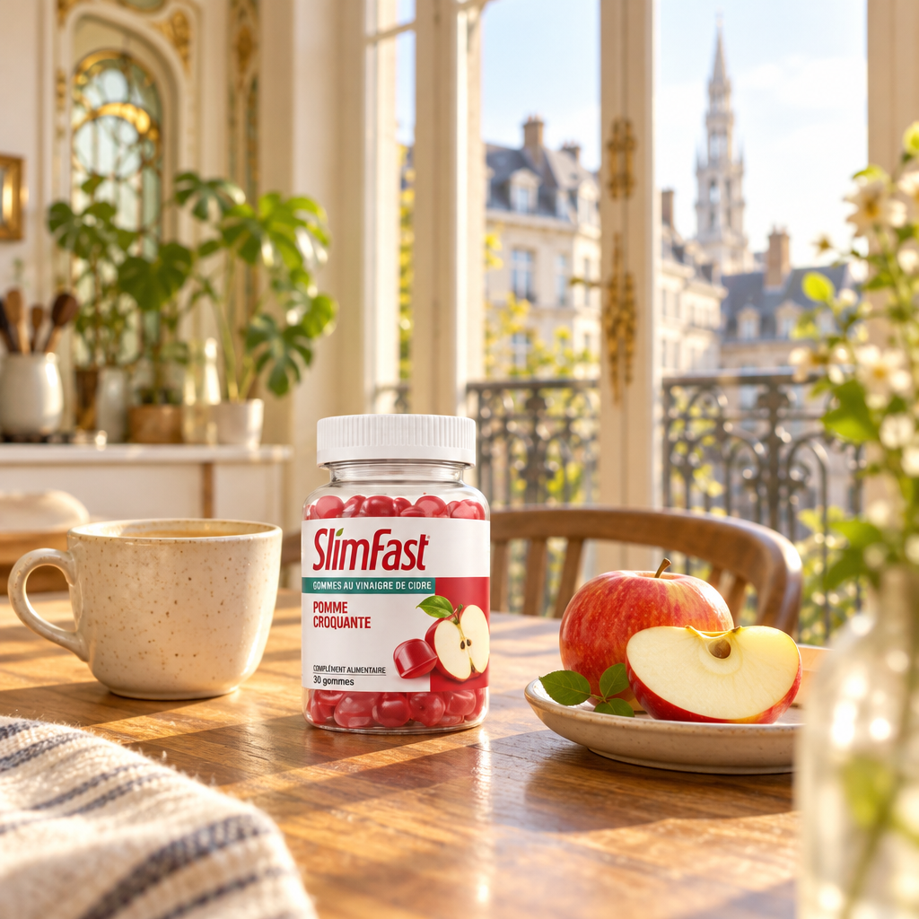 Pot de gummies SlimFast posé sur une table de cuisine bruxelloise avec un café et une pomme